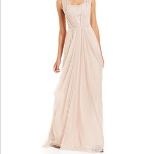 Vera Wang Lace-Inset Draped Goddess Gown in pink